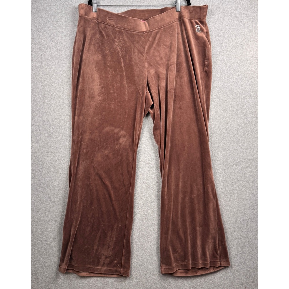 Juicy Couture Track Pants Womens 2X Brown Velour Rhinestone Logo Wide Leg Y2K